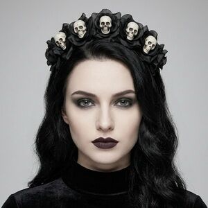 Midnight Memento Mori Rose Crown – Gothic Skull & Black Silk Floral Headband